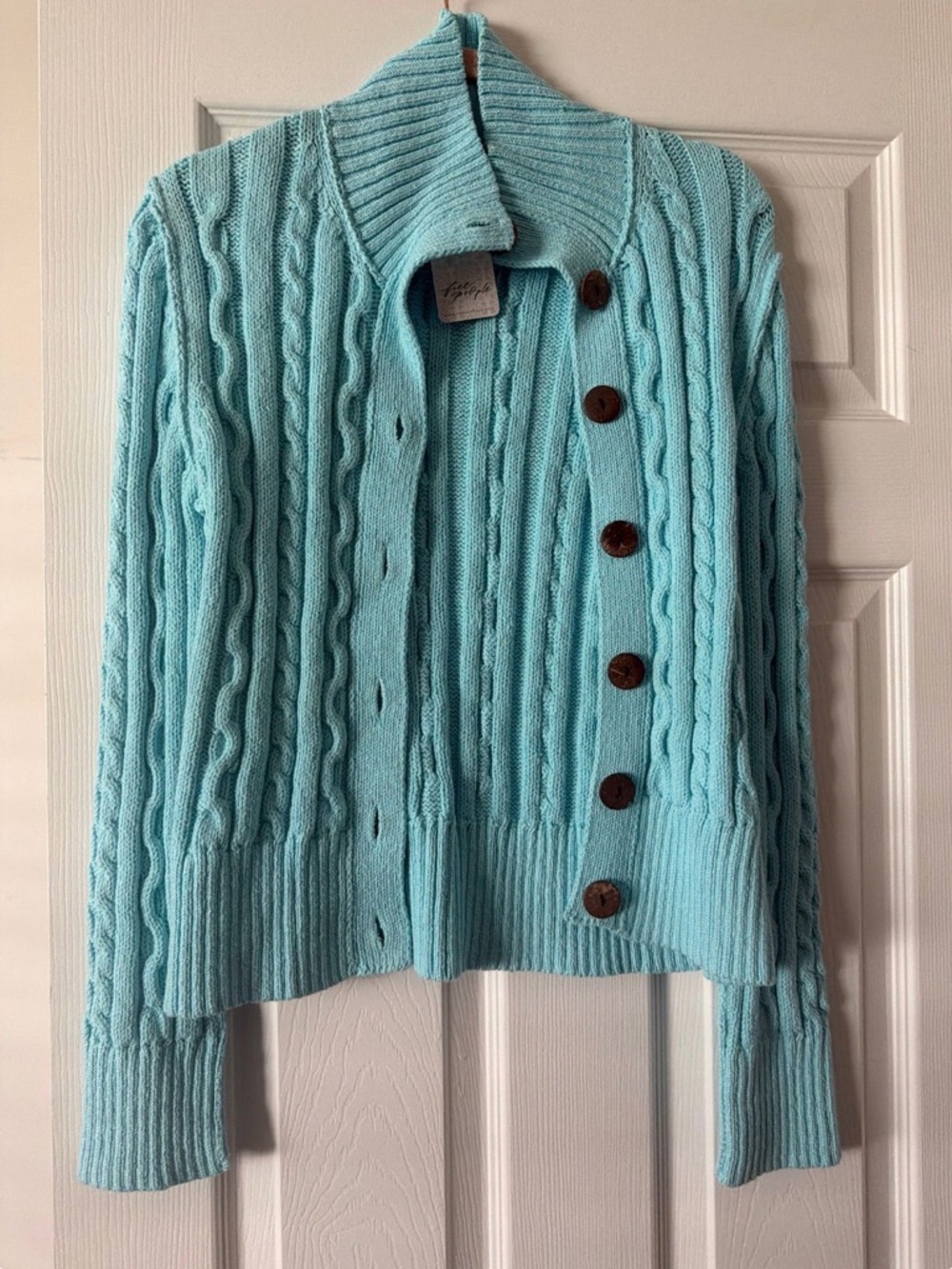 Free People Wtf Cable Collar Cardi in Pastel Blue, SZ XS
